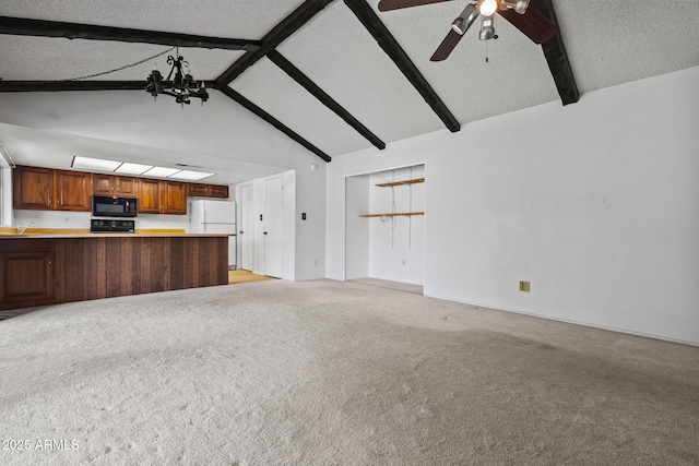 2264 S Don Carlos, Mesa, AZ 85202 - unfurnished living room featuring beamed ceiling, a sink, high vaulted ceiling, light colored carpet, and a ceiling fan