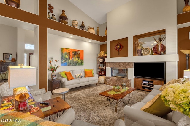 living room featuring high vaulted ceiling, wood-type flooring, and a fireplace