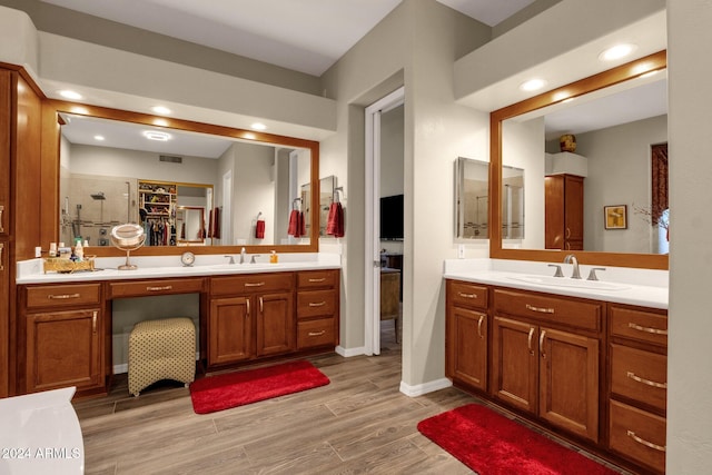 15439 E Acacia Way, Fountain Hills, AZ 85268 - bathroom featuring a shower stall, vanity, recessed lighting, and wood finished floors