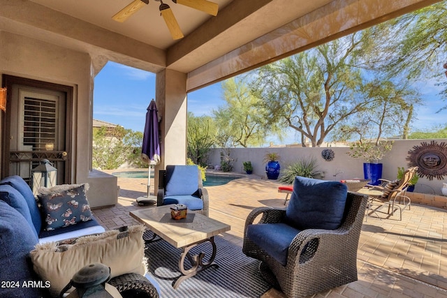 15439 E Acacia Way, Fountain Hills, AZ 85268 - view of patio / terrace featuring a fenced backyard, ceiling fan, an outdoor hangout area, and a fenced in pool