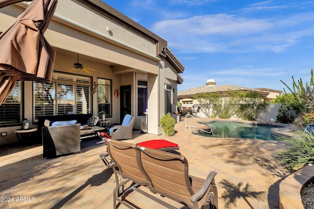 15439 E Acacia Way, Fountain Hills, AZ 85268 - view of patio featuring an outdoor living space, a fenced in pool, a ceiling fan, and fence
