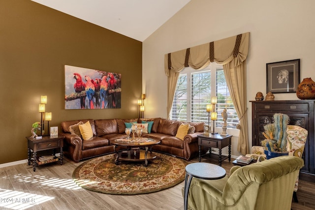 living room with hardwood / wood-style floors and high vaulted ceiling