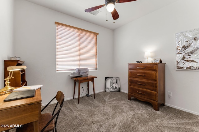 office with carpet flooring and ceiling fan