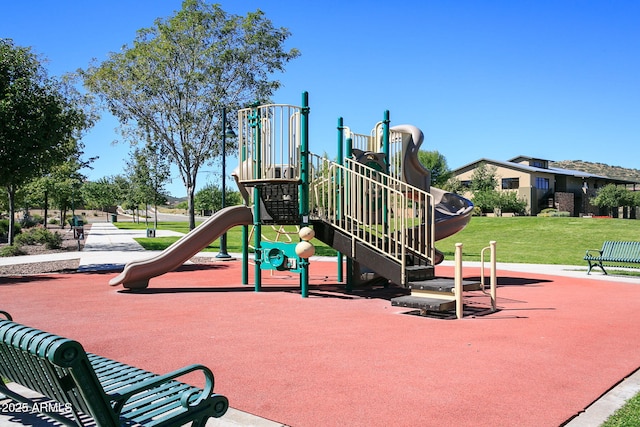 view of jungle gym with a yard