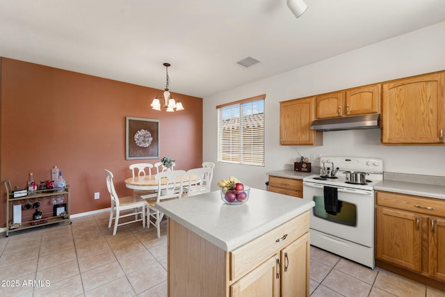 kitchen with decorative light fixtures, a chandelier, a center island, light tile patterned floors, and white range with electric cooktop