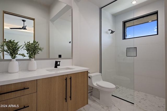 bathroom with vanity, an enclosed shower, ceiling fan, and toilet