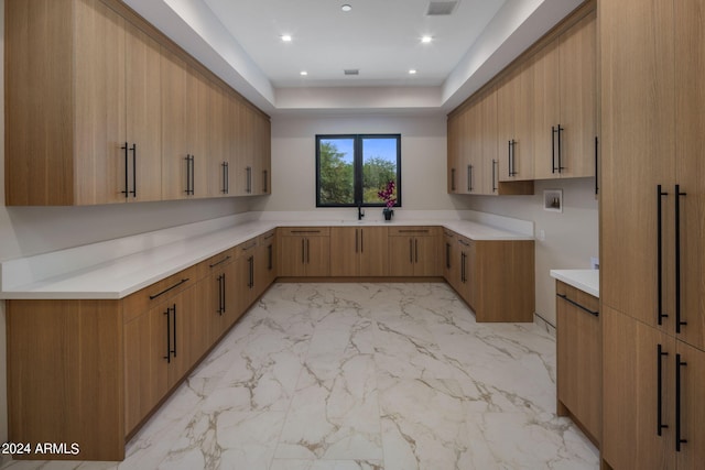 kitchen with sink, light brown cabinetry, and a tray ceiling