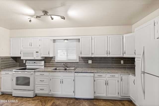 kitchen with white cabinets and white appliances