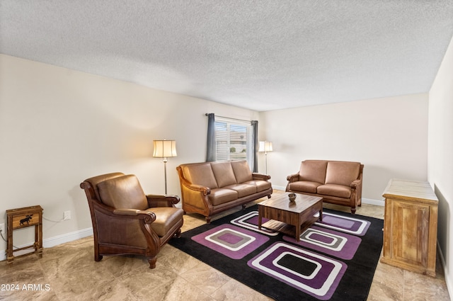 living room with a textured ceiling