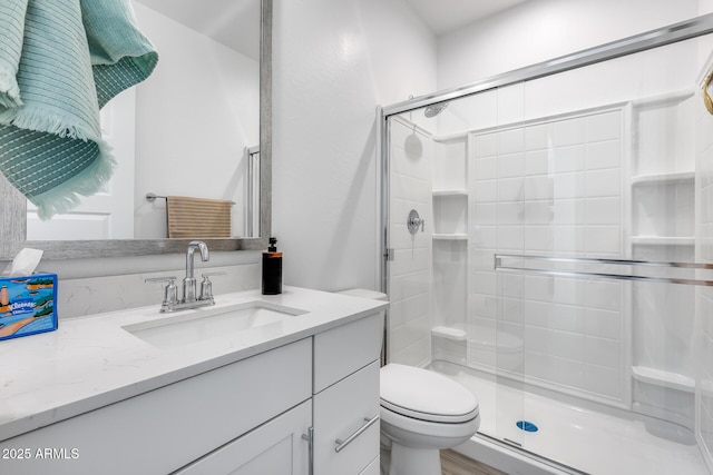 bathroom featuring toilet, a stall shower, and vanity