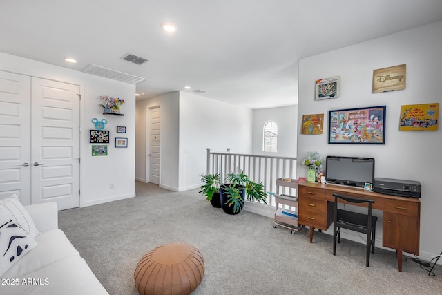 carpeted home office with visible vents, baseboards, and recessed lighting