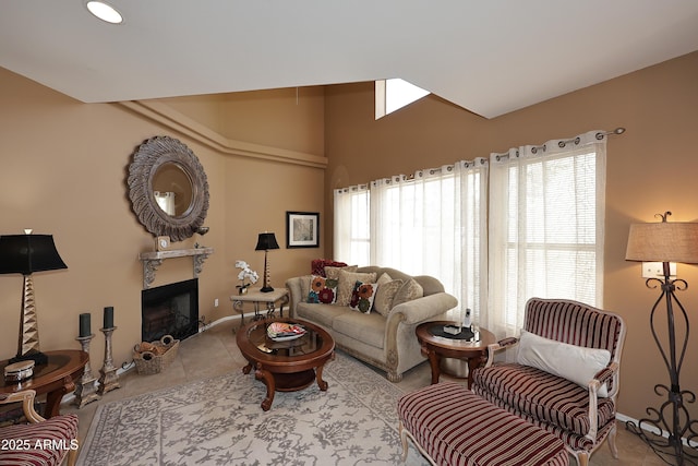 living room featuring a fireplace and tile patterned flooring