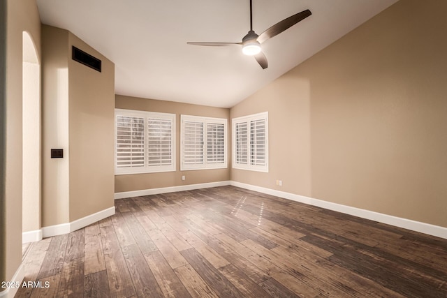 unfurnished room with lofted ceiling, hardwood / wood-style floors, and ceiling fan