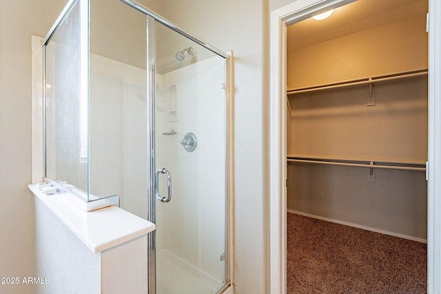 full bathroom featuring a walk in closet and a stall shower