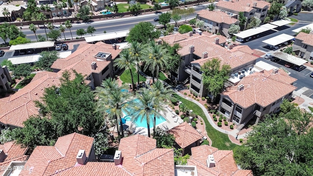 aerial perspective of suburban area with a pool area