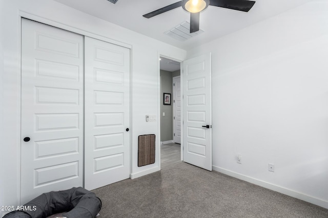 19414 W Highland Ave, Litchfield Park, AZ 85340 - unfurnished bedroom featuring a ceiling fan, visible vents, baseboards, a closet, and carpet flooring