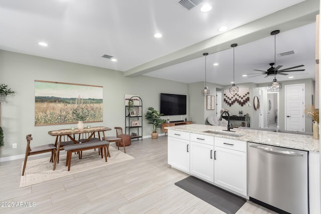 19414 W Highland Ave, Litchfield Park, AZ 85340 - kitchen featuring visible vents, dishwasher, a sink, baseboards, and white cabinetry