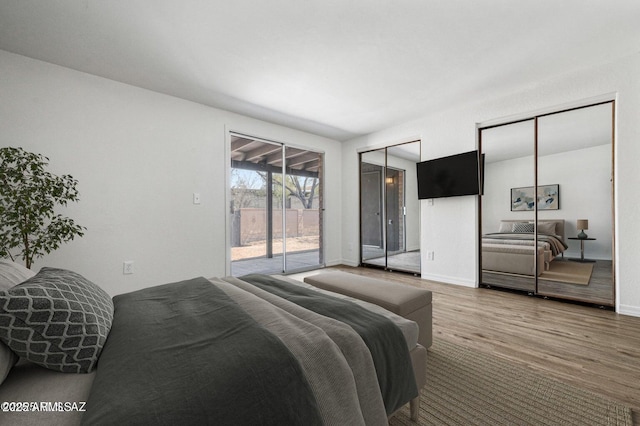 8118 N Gibraltar Dr, Tucson, AZ 85704 - bedroom with baseboards, access to exterior, multiple closets, and wood finished floors