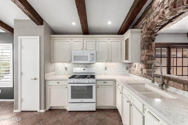 3913 E Derringer Way, Gilbert, AZ 85297 - kitchen featuring white appliances, a sink, beamed ceiling, backsplash, and tile patterned floors