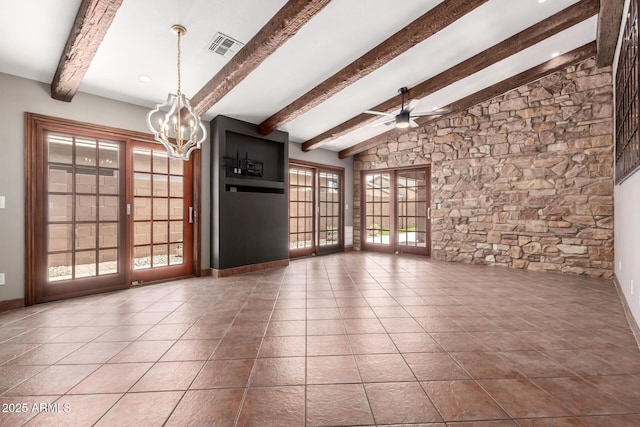 3913 E Derringer Way, Gilbert, AZ 85297 - unfurnished living room with a chandelier, ceiling fan, baseboards, and tile patterned floors
