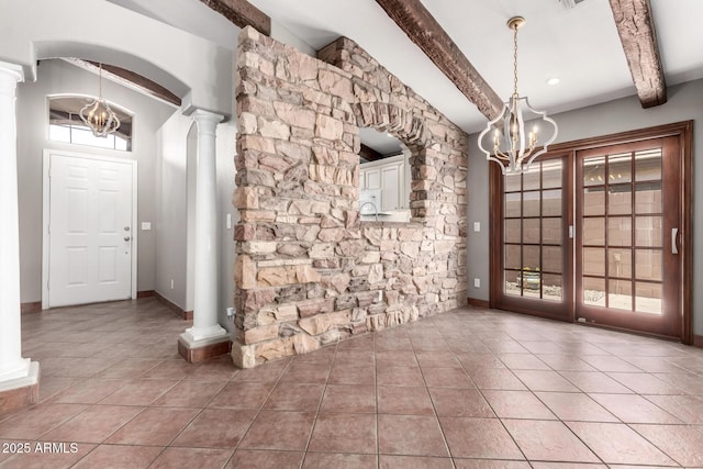 3913 E Derringer Way, Gilbert, AZ 85297 - tiled entryway with a chandelier, ornate columns, and baseboards