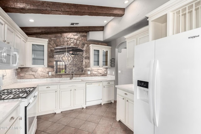 3913 E Derringer Way, Gilbert, AZ 85297 - kitchen with white appliances, a sink, backsplash, light tile patterned floors, and beam ceiling
