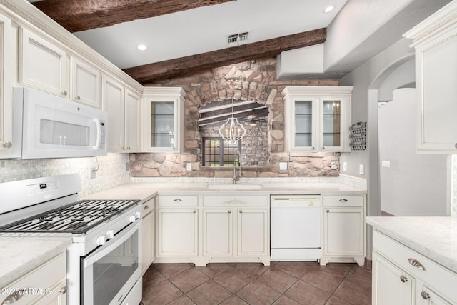 3913 E Derringer Way, Gilbert, AZ 85297 - kitchen featuring white appliances, a sink, backsplash, dark tile patterned floors, and beam ceiling