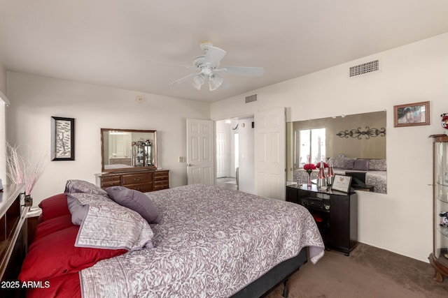 carpeted bedroom featuring ceiling fan