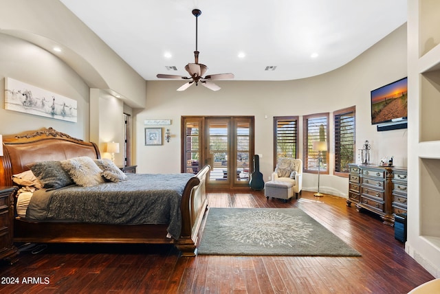 bedroom with ceiling fan, dark hardwood / wood-style flooring, french doors, and access to outside