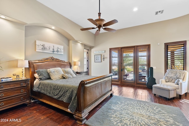 bedroom with access to outside, ceiling fan, and dark hardwood / wood-style flooring