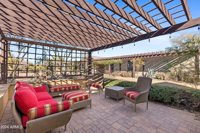 view of patio / terrace featuring a pergola and an outdoor hangout area