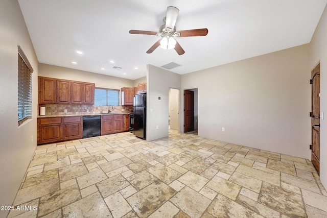 28758 N Ashbrook Ln, San Tan Valley, AZ 85144 - kitchen featuring black appliances, stone tile flooring, decorative backsplash, ceiling fan, and light countertops