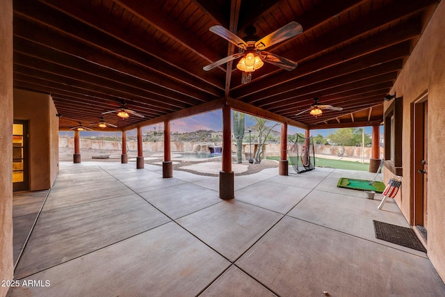 28758 N Ashbrook Ln, San Tan Valley, AZ 85144 - fenced backyard featuring a ceiling fan, a patio area, and a pool