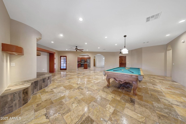 28758 N Ashbrook Ln, San Tan Valley, AZ 85144 - recreation room with arched walkways, stone tile floors, recessed lighting, billiards, and ceiling fan