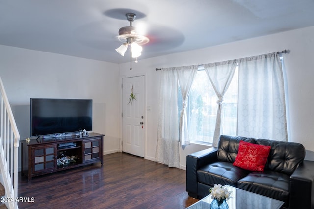 living room with a wealth of natural light, dark wood-type flooring, and ceiling fan