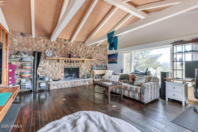 living room featuring vaulted ceiling with beams, wood ceiling, a fireplace, and hardwood / wood-style flooring