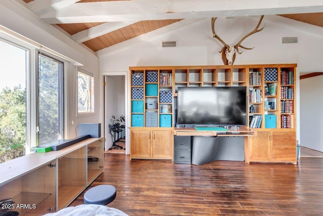 office space featuring lofted ceiling with beams, dark wood-style floors, visible vents, and built in study area