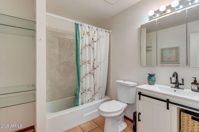 bathroom with toilet, tile patterned flooring, shower / bathtub combination with curtain, and vanity