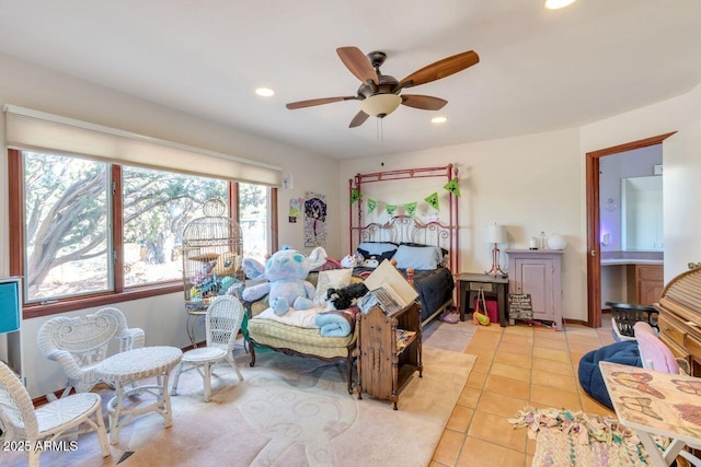 bedroom with a ceiling fan, recessed lighting, and light tile patterned floors