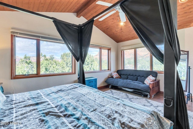 bedroom featuring wooden ceiling, lofted ceiling with skylight, and wood finished floors