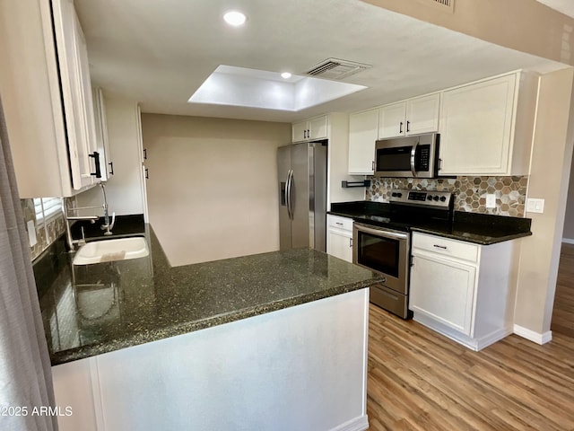 kitchen with stainless steel appliances, white cabinetry, sink, and kitchen peninsula