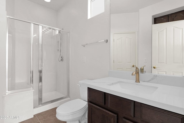 bathroom with toilet, tile patterned floors, a stall shower, and vanity