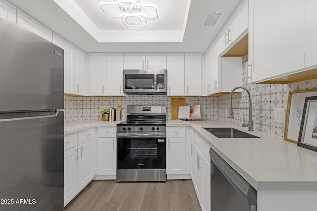 1075 E Chandler Blvd Unit 212, Chandler, AZ 85225 - kitchen with stainless steel appliances, a tray ceiling, light wood-style floors, and white cabinets