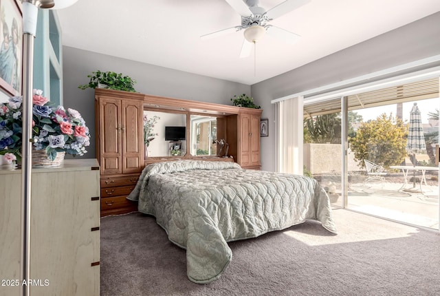 carpeted bedroom featuring access to outside and ceiling fan