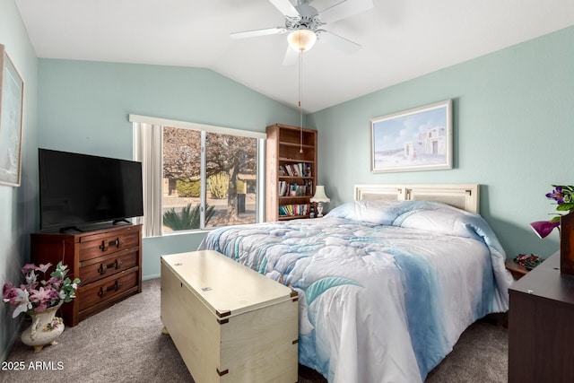 carpeted bedroom featuring ceiling fan and lofted ceiling