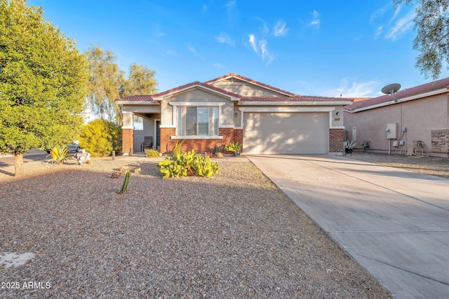 view of front of house featuring a garage, concrete driveway, brick siding, and a tile roof