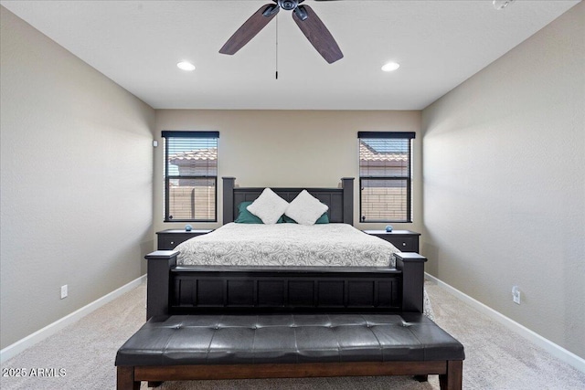 carpeted bedroom featuring recessed lighting, baseboards, and ceiling fan