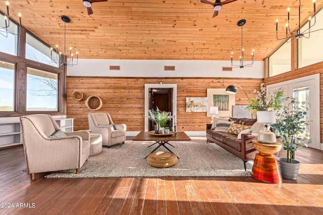 1060 S Kellis Rd, Wickenburg, AZ 85390 - living area featuring high vaulted ceiling, a chandelier, wood ceiling, wood walls, and healthy amount of natural light