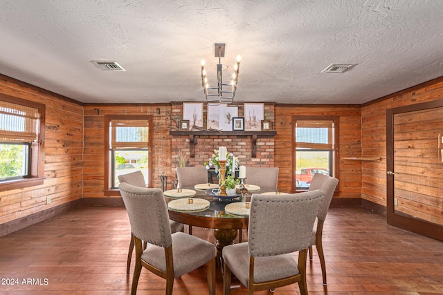 dining room with dark hardwood / wood-style floors, plenty of natural light, and wood walls