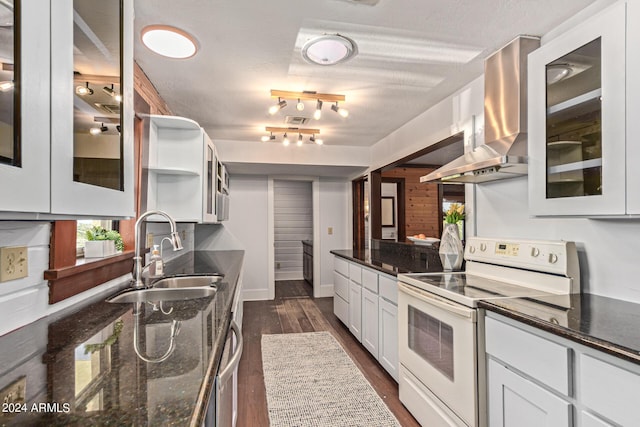 kitchen with white cabinetry, sink, dark hardwood / wood-style flooring, ventilation hood, and electric stove